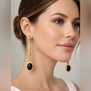 🛑SOLD🛑 RARE VTG KARL LAGERFELD GOLD TONE & BLACK OVAL CRYSTAL DANGLE EARRINGS